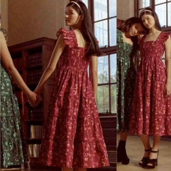 Hill House NWT Ellie Nap Midi Flutter Sleeve Dress Burgundy Botanical XS-M - Picture 3 of 9
